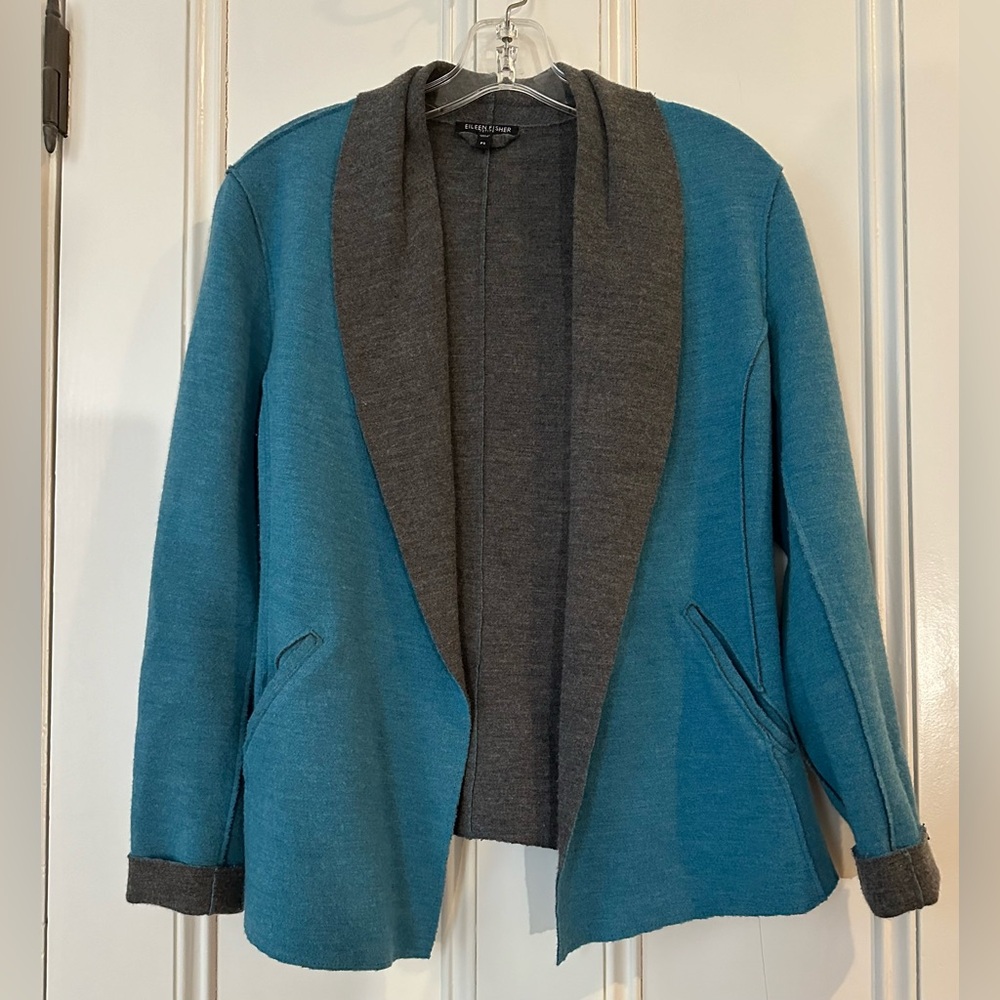 Eileen Fisher turquoise and gray petite small boiled wool blazer